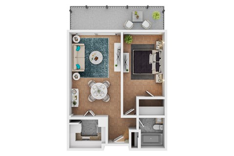 A top-down view of a small apartment layout with a kitchen, living room, and bathroom.